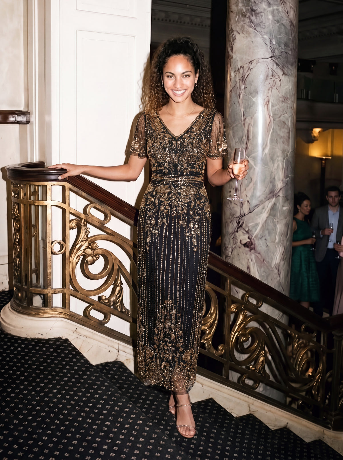 Sequin Tulle Ruffle Sleeve Cocktail Dress #color_Antique Gold