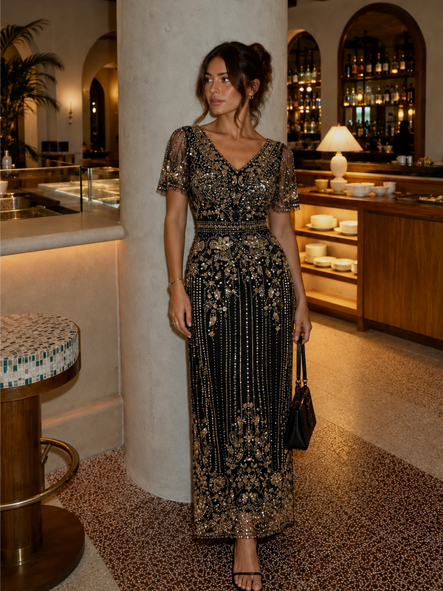 Sequin Tulle Ruffle Sleeve Cocktail Dress #color_Antique Gold