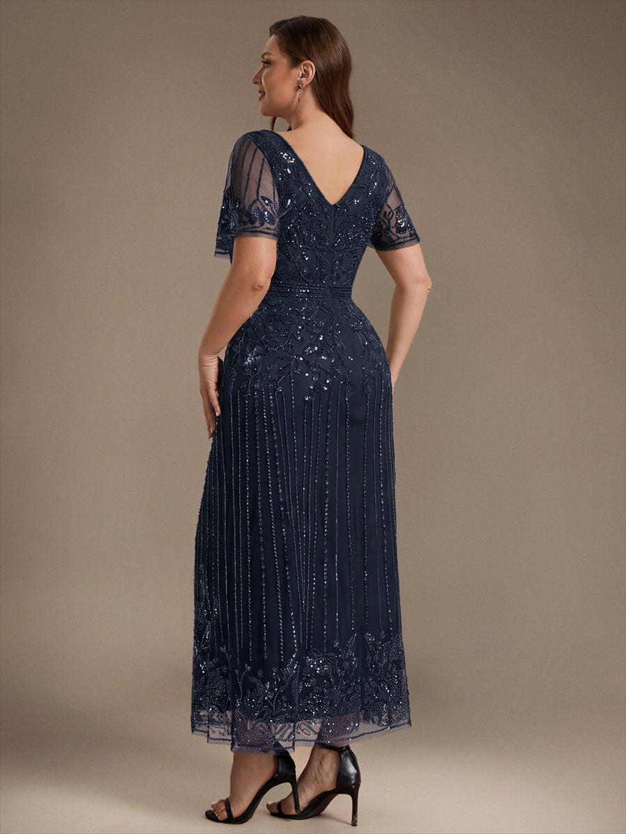 Sequin Tulle Ruffle Sleeve Cocktail Dress #color_Navy Blue