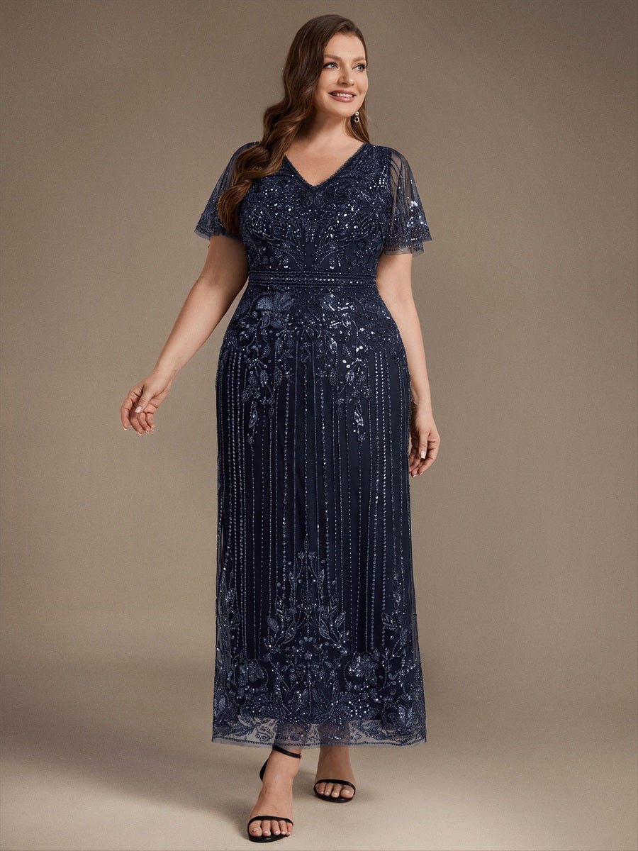 Sequin Tulle Ruffle Sleeve Cocktail Dress #color_Navy Blue