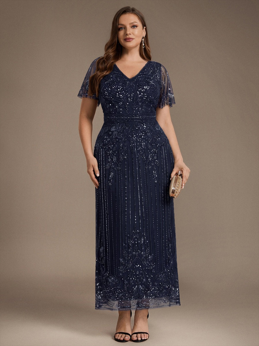 Sequin Tulle Ruffle Sleeve Cocktail Dress #color_Navy Blue