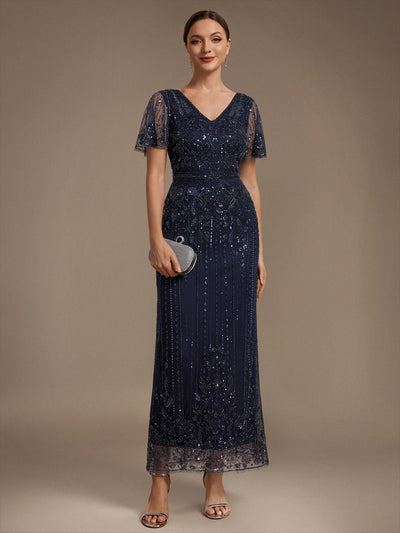 Sequin Tulle Ruffle Sleeve Cocktail Dress