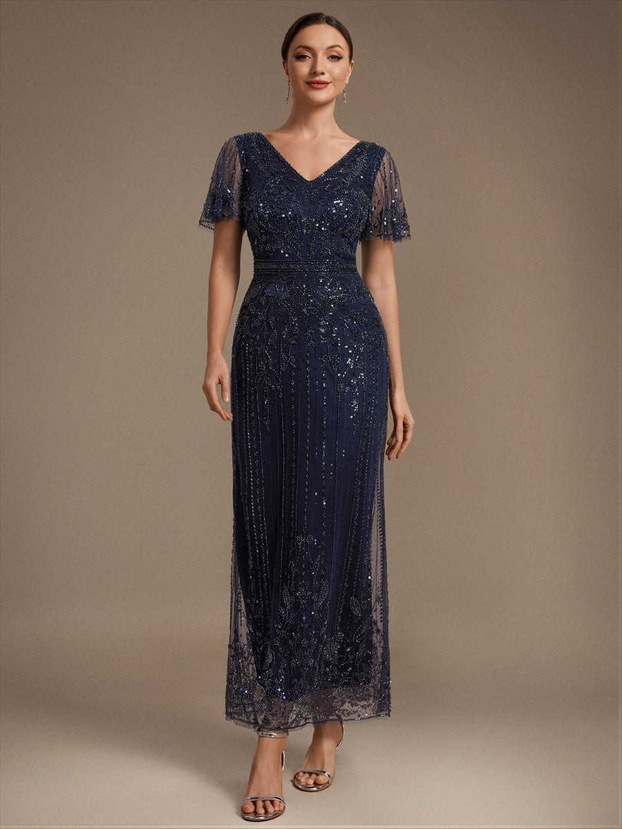 Sequin Tulle Ruffle Sleeve Cocktail Dress #color_Navy Blue