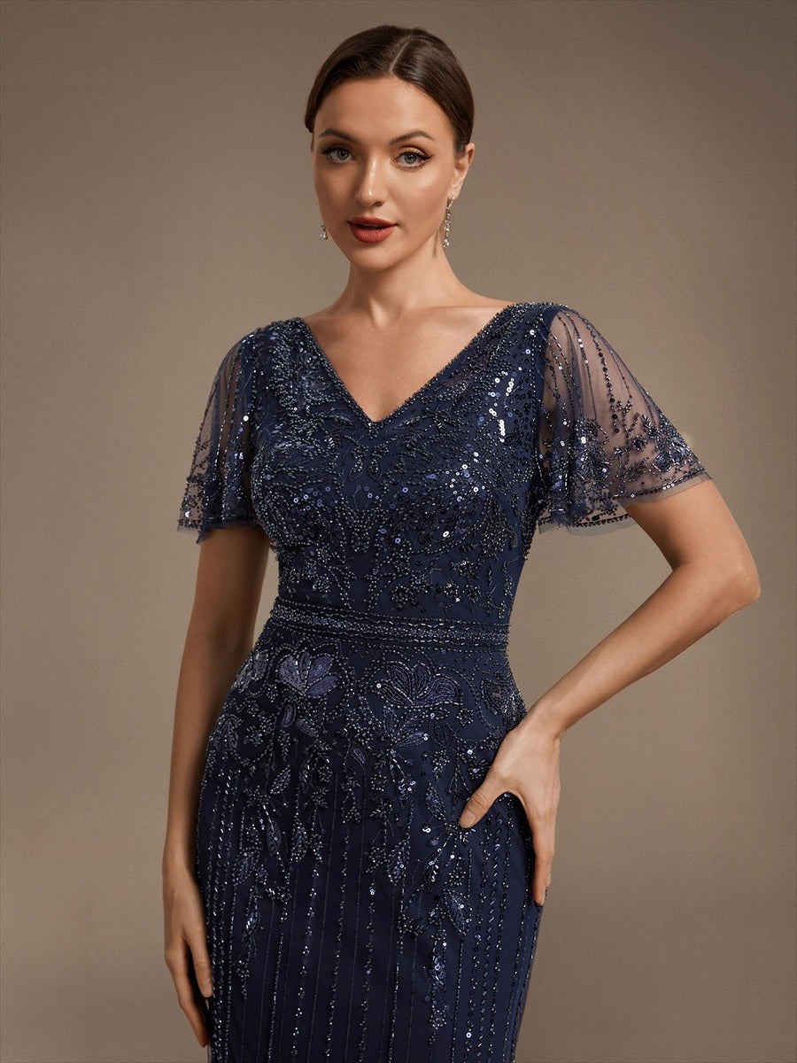 Sequin Tulle Ruffle Sleeve Cocktail Dress #color_Navy Blue