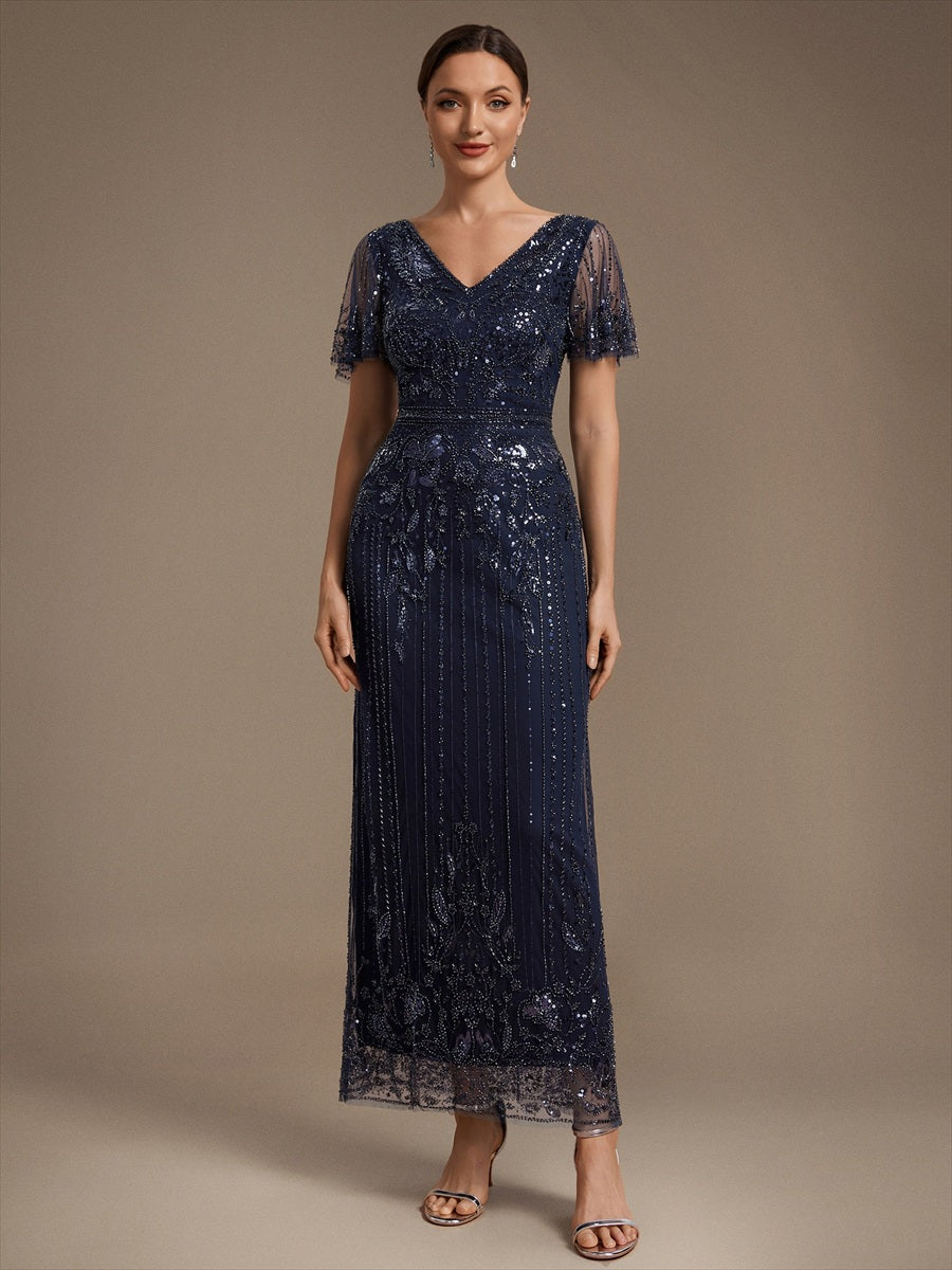 Sequin Tulle Ruffle Sleeve Cocktail Dress #color_Navy Blue