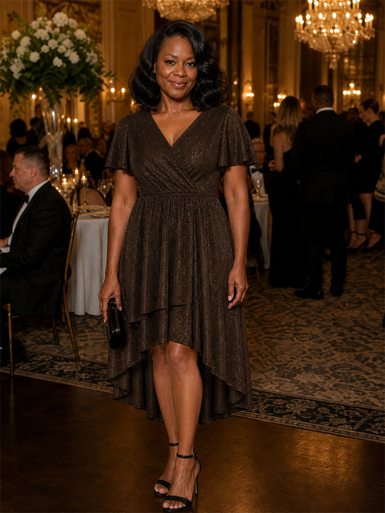 Plus Size Lurex Mesh Ruffle Sleeve Cocktail Dress for Wedding Guest #color_Brown