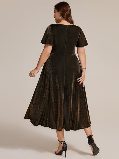 Plus Size Lurex Mesh Ruffle Sleeve Cocktail Dress for Wedding Guest #color_Brown
