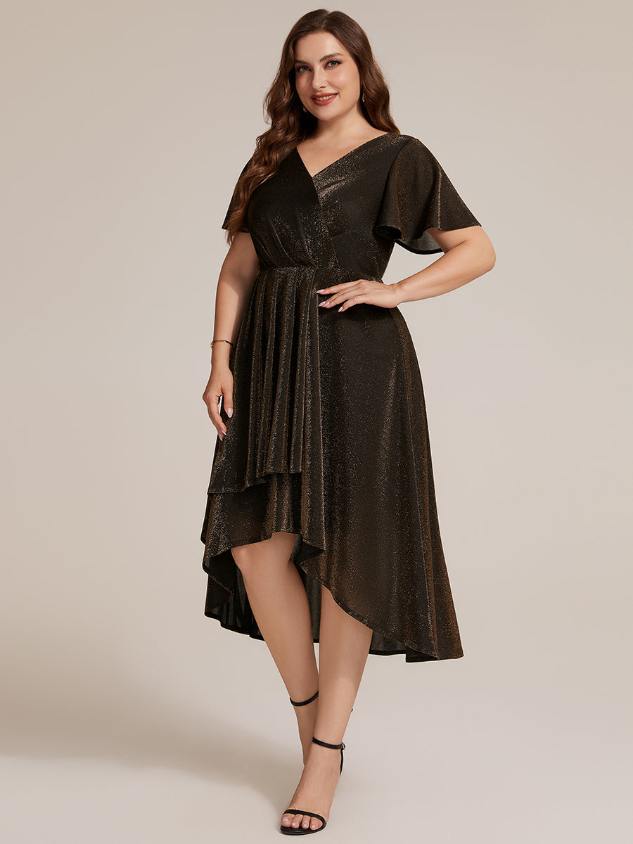 Lurex Mesh Ruffle Sleeve A-Line Cocktail Dress for Wedding Guest #color_Brown