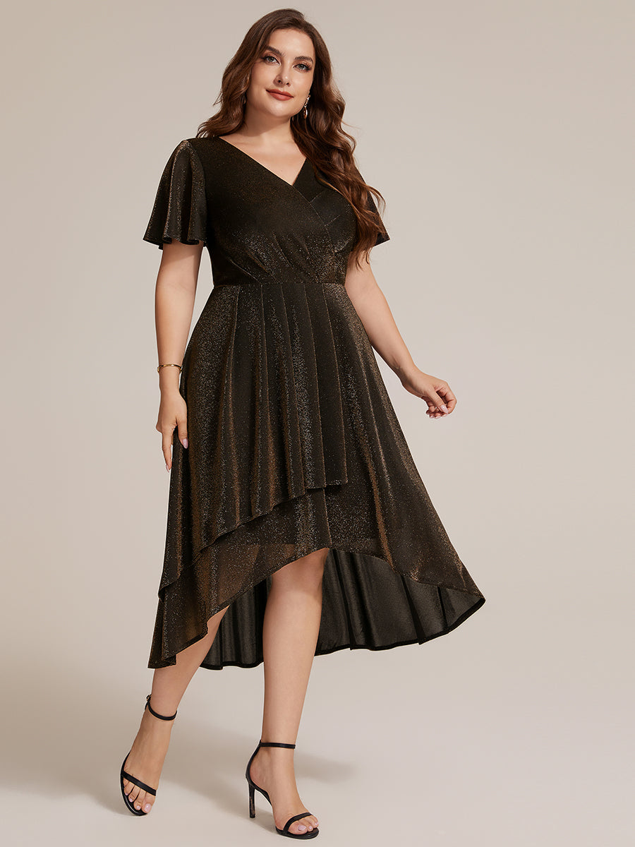 Lurex Mesh Ruffle Sleeve A-Line Cocktail Dress for Wedding Guest #color_Brown