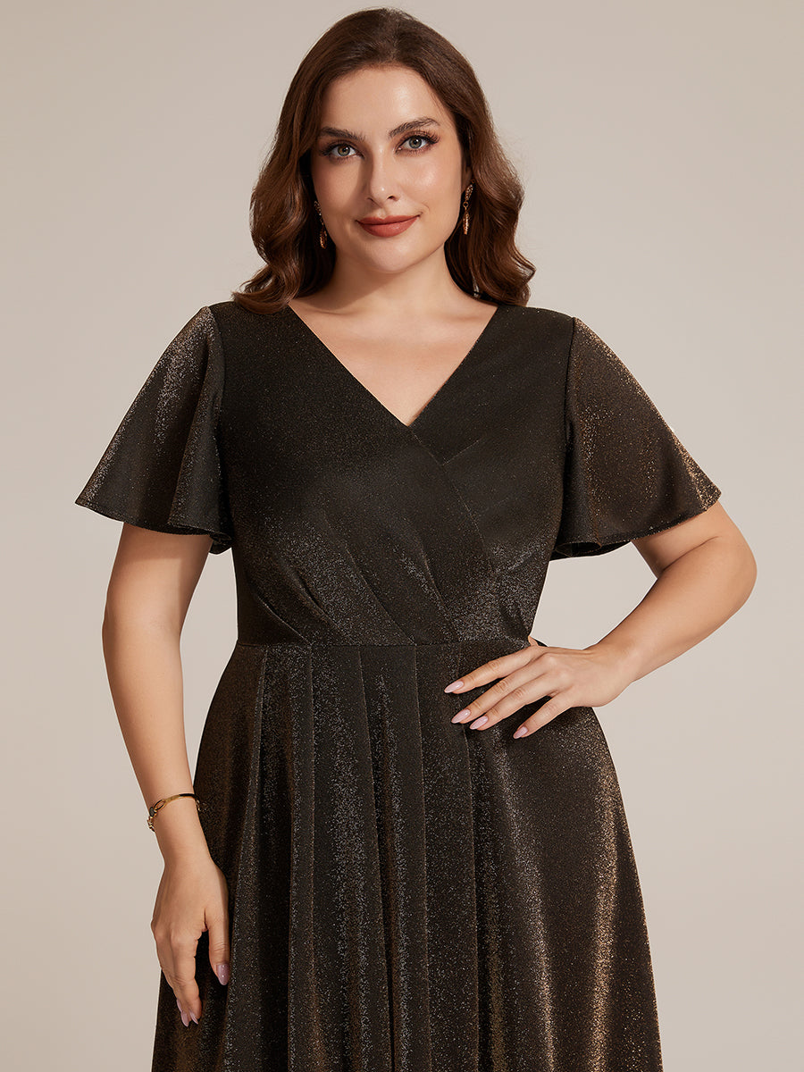 Lurex Mesh Ruffle Sleeve A-Line Cocktail Dress for Wedding Guest #color_Brown