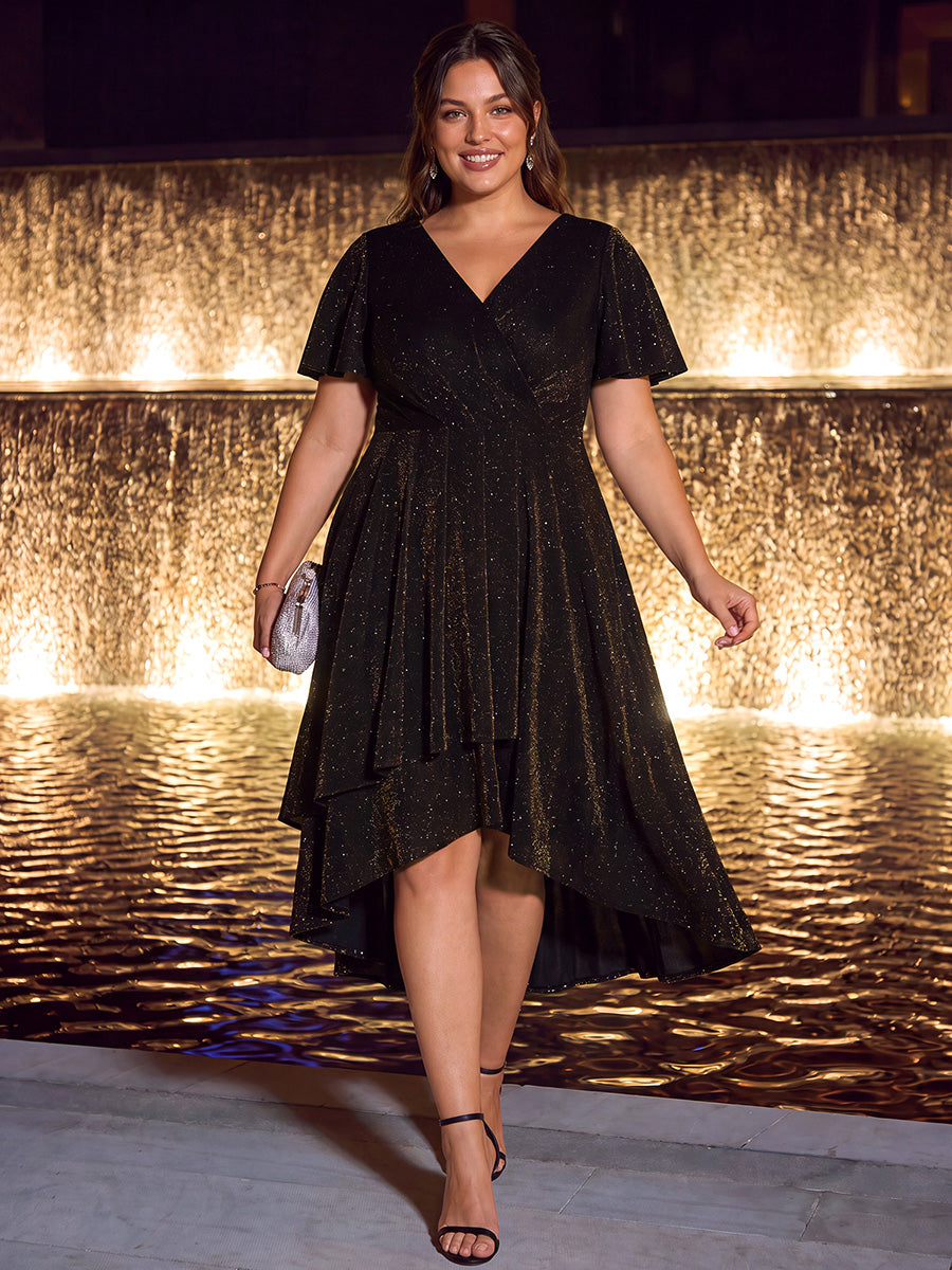 Plus Size Lurex Mesh Ruffle Sleeve Cocktail Dress for Wedding Guest #color_Brown