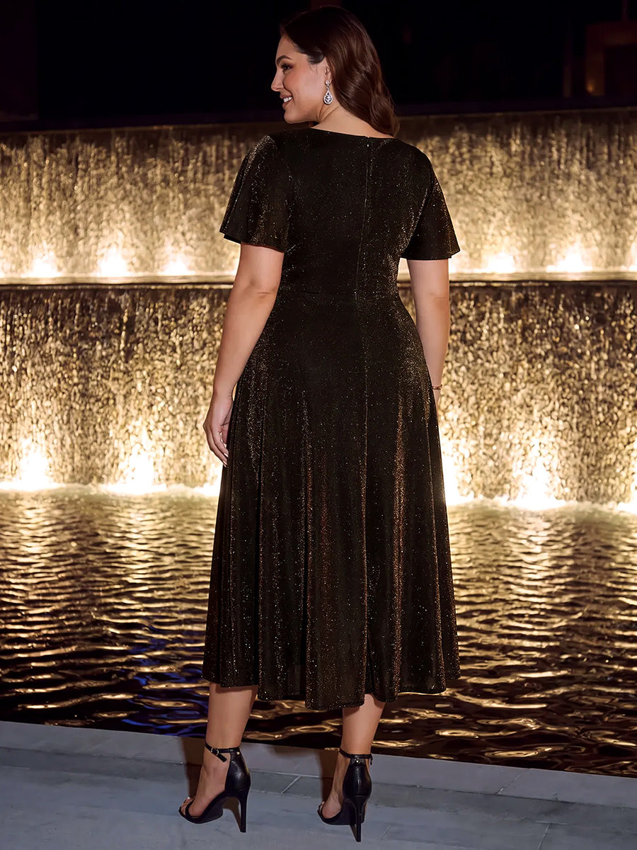 Lurex Mesh Ruffle Sleeve A-Line Cocktail Dress for Wedding Guest #color_Brown
