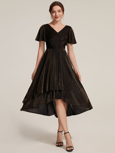 Lurex Mesh Ruffle Sleeve A-Line Cocktail Dress for Wedding Guest