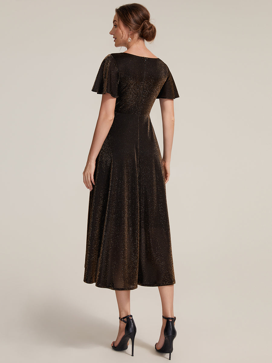 Lurex Mesh Ruffle Sleeve A-Line Cocktail Dress for Wedding Guest #color_Brown