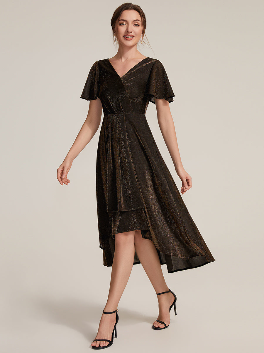 Lurex Mesh Ruffle Sleeve A-Line Cocktail Dress for Wedding Guest #color_Brown