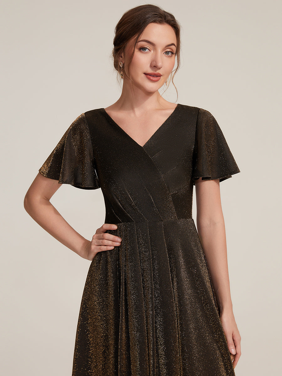Lurex Mesh Ruffle Sleeve A-Line Cocktail Dress for Wedding Guest #color_Brown