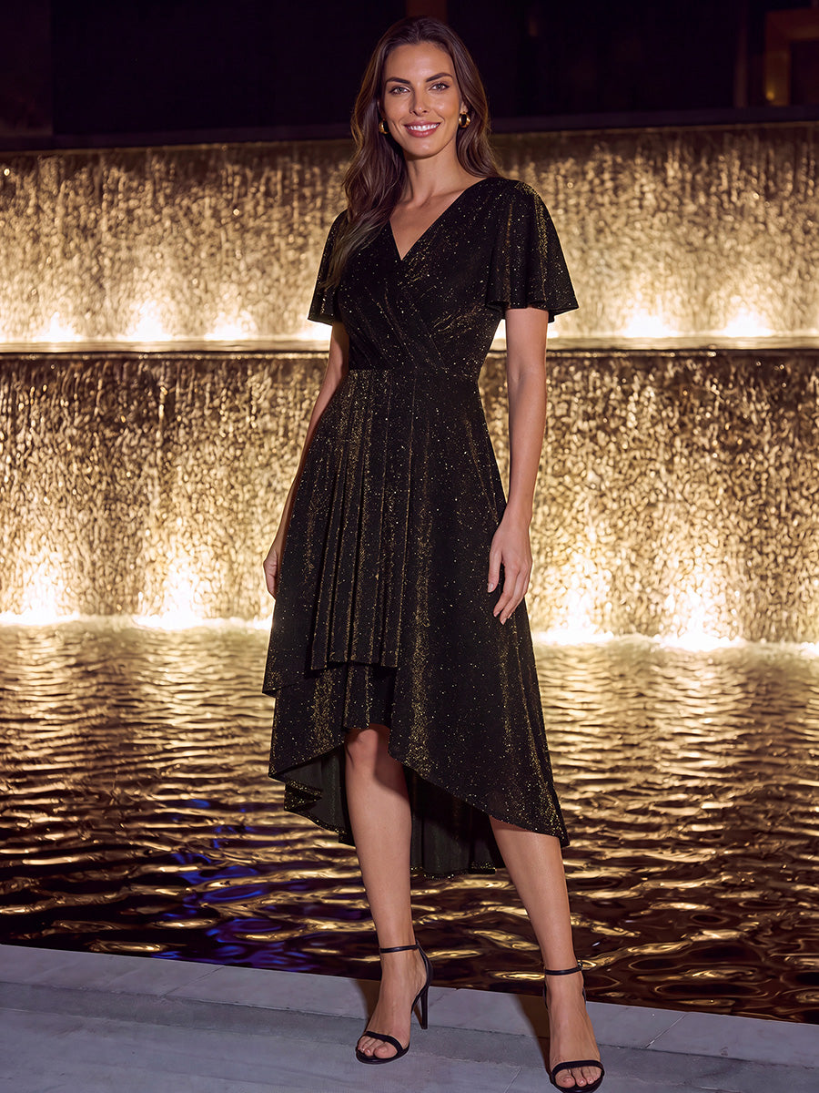 Lurex Mesh Ruffle Sleeve A-Line Cocktail Dress for Wedding Guest #color_Brown
