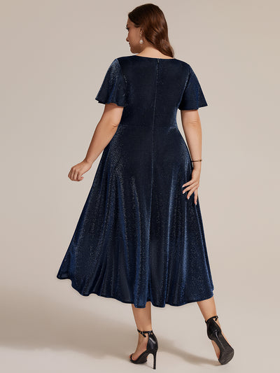 Plus Size Lurex Mesh Ruffle Sleeve Cocktail Dress for Wedding Guest #color_Navy Blue
