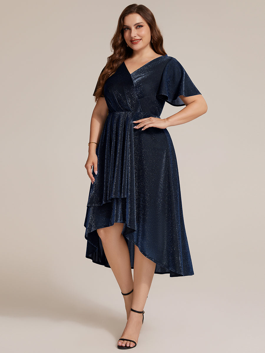 Lurex Mesh Ruffle Sleeve A-Line Cocktail Dress for Wedding Guest #color_Navy Blue