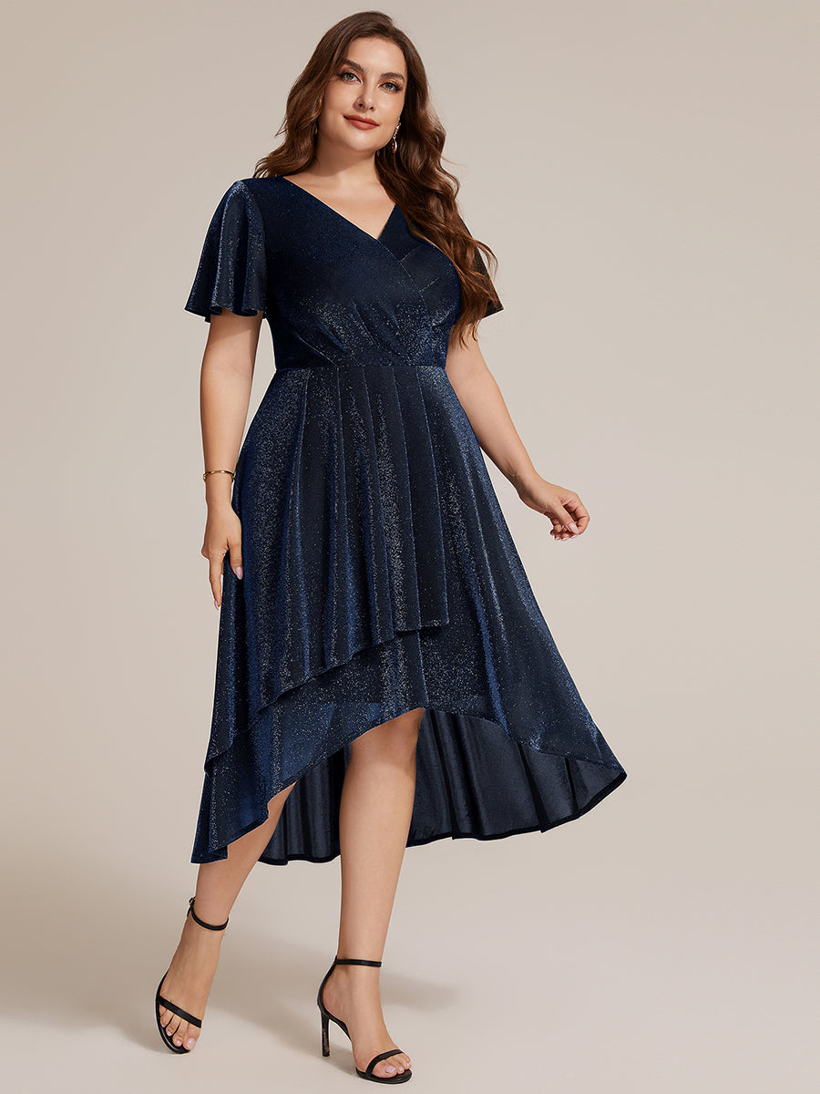 Plus Size Lurex Mesh Ruffle Sleeve Cocktail Dress for Wedding Guest #color_Navy Blue