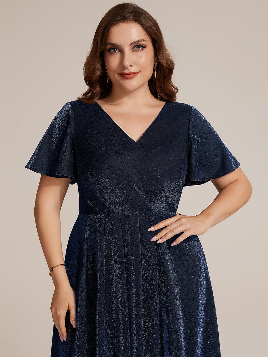 Plus Size Lurex Mesh Ruffle Sleeve Cocktail Dress for Wedding Guest #color_Navy Blue
