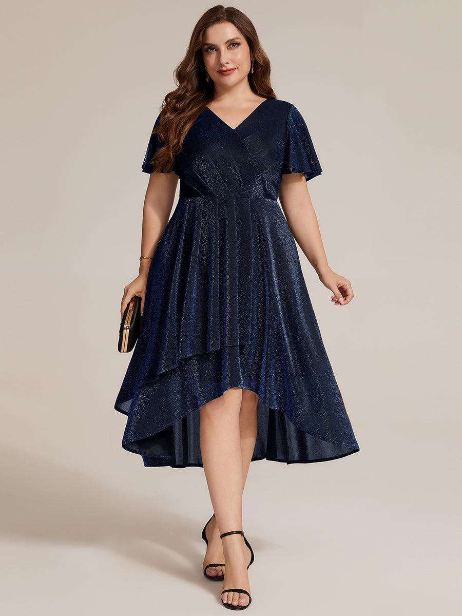 Plus Size Lurex Mesh Ruffle Sleeve Cocktail Dress