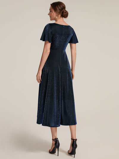 Lurex Mesh Ruffle Sleeve A-Line Cocktail Dress for Wedding Guest #color_Navy Blue