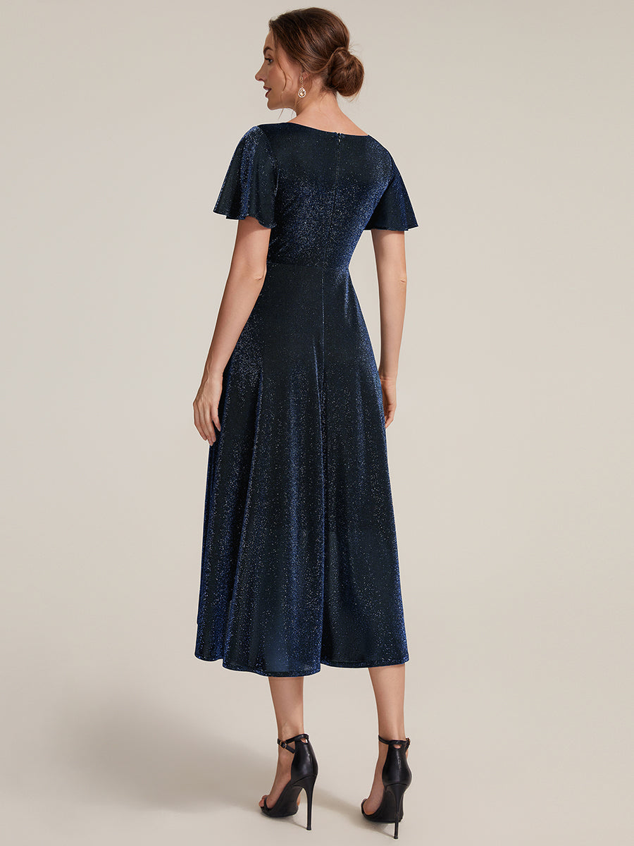 Lurex Mesh Ruffle Sleeve A-Line Cocktail Dress for Wedding Guest #color_Navy Blue