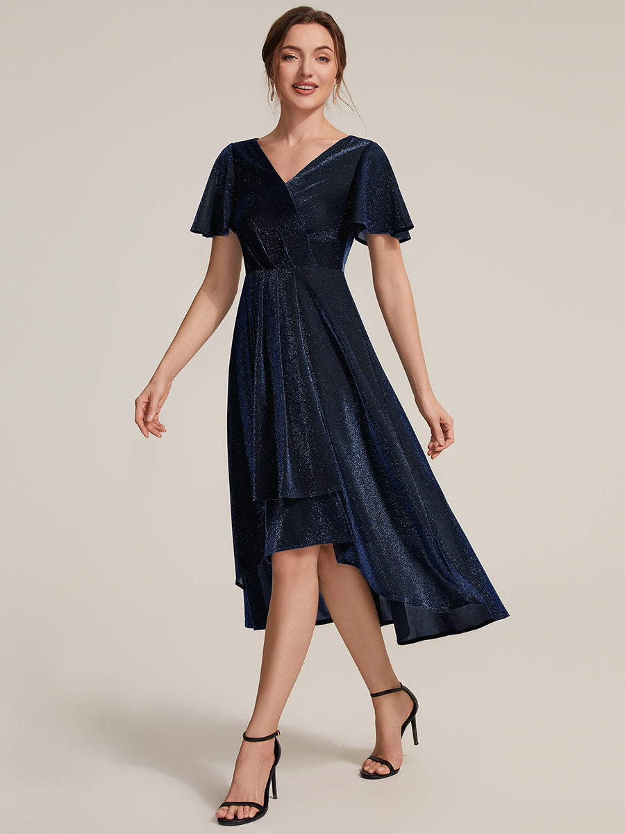 Lurex Mesh Ruffle Sleeve A-Line Cocktail Dress for Wedding Guest #color_Navy Blue