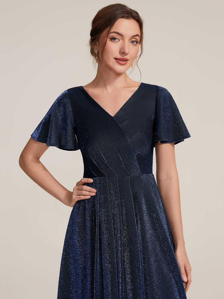 Lurex Mesh Ruffle Sleeve A-Line Cocktail Dress for Wedding Guest #color_Navy Blue