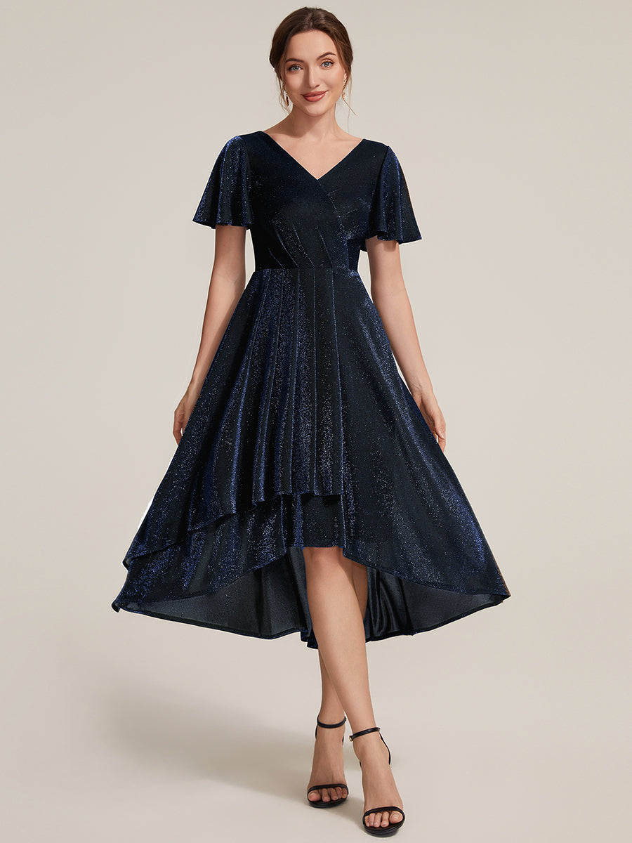 Lurex Mesh Ruffle Sleeve A-Line Cocktail Dress
