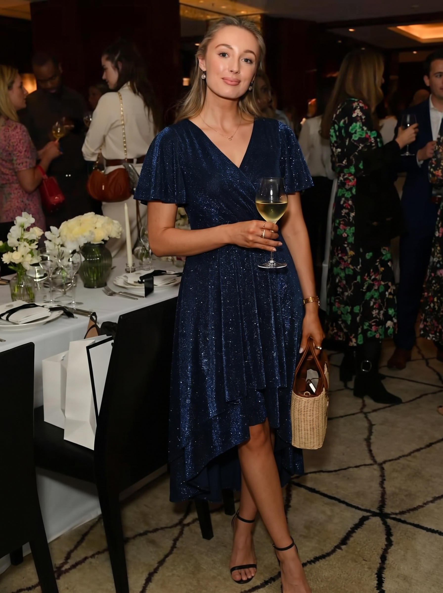Lurex Mesh Ruffle Sleeve A-Line Cocktail Dress for Wedding Guest #color_Navy Blue