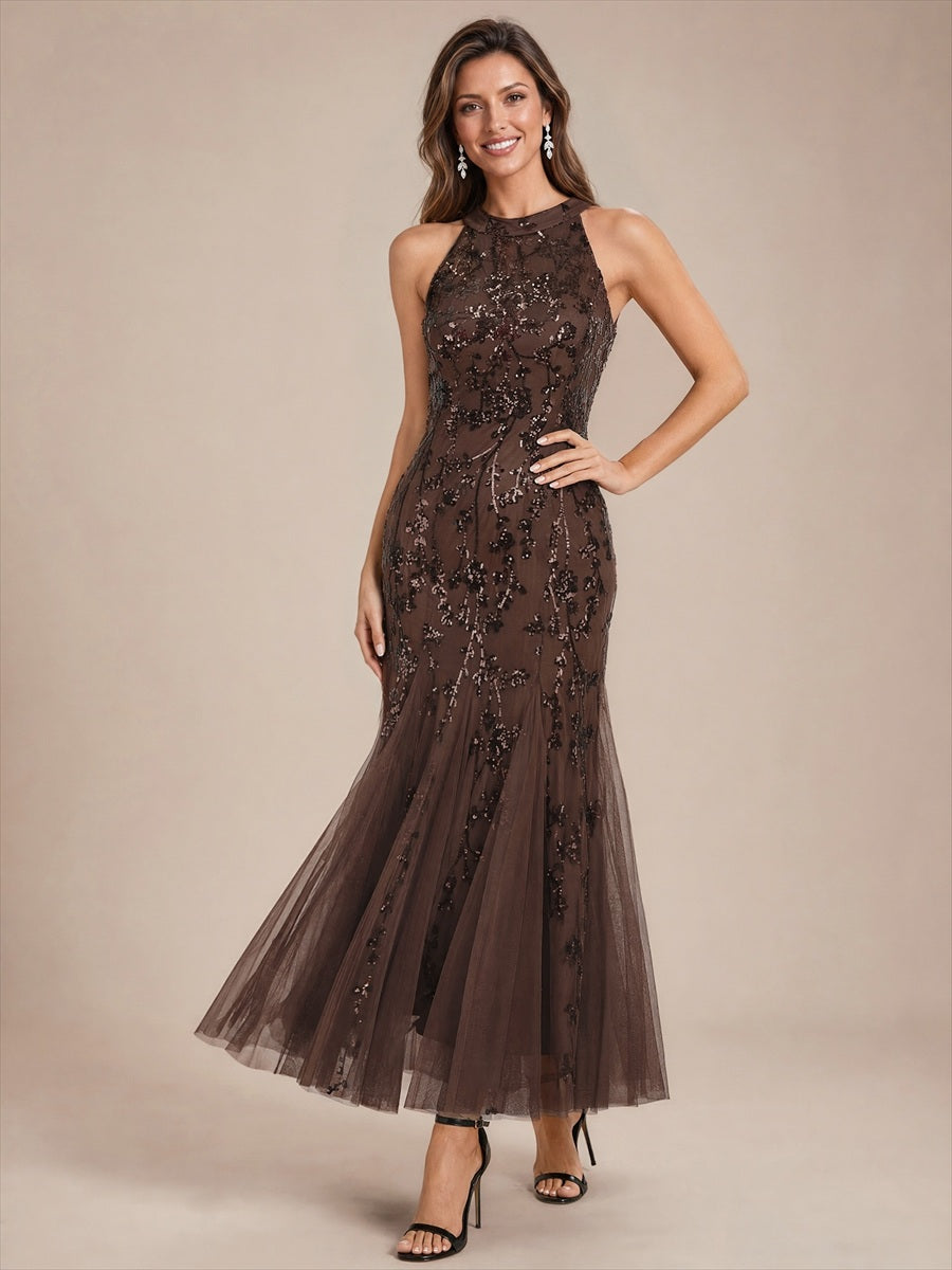 Corset Sequins Sleeveless Cocktail Dress #color_Chocolate Brown
