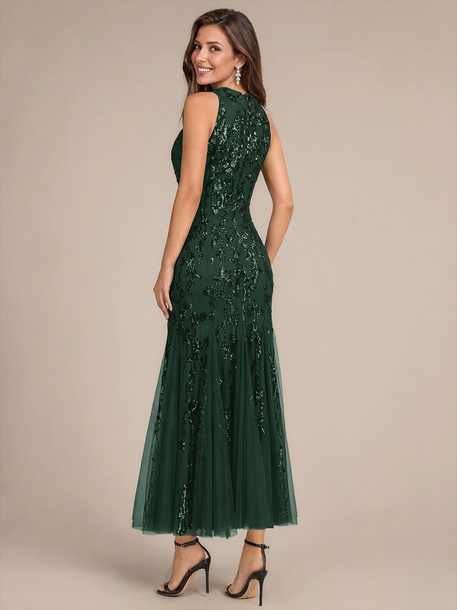 Corset Sequins Sleeveless Cocktail Dress #color_Dark Forest Green