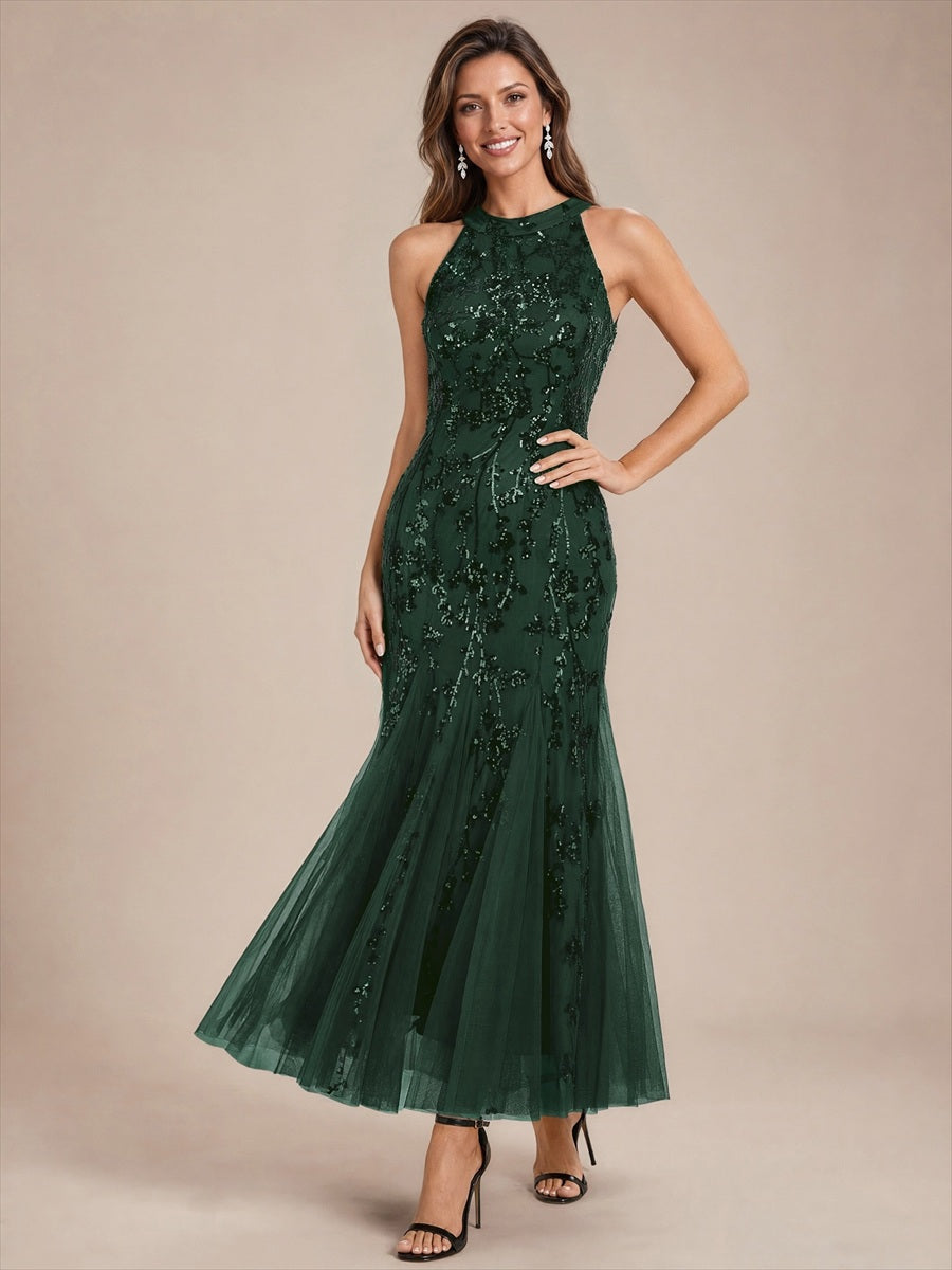Corset Sequins Sleeveless Cocktail Dress #color_Dark Forest Green