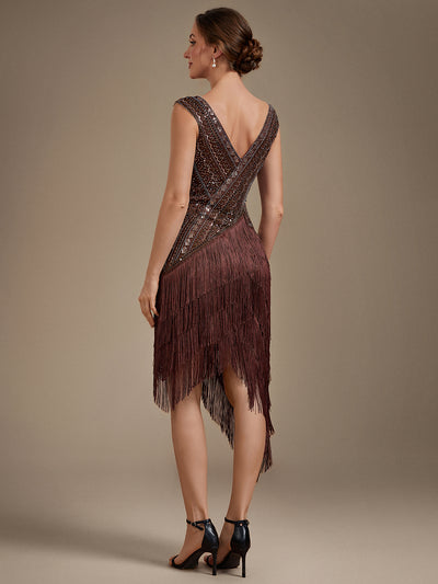 Tulle Cap Sleeve Asymmetrical Hem Cocktail Dress #color_Brown