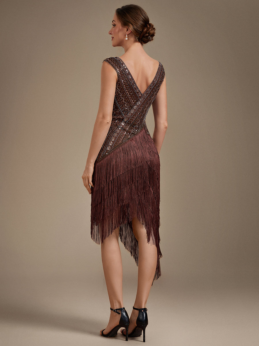 Tulle Cap Sleeve Asymmetrical Hem Cocktail Dress #color_Brown