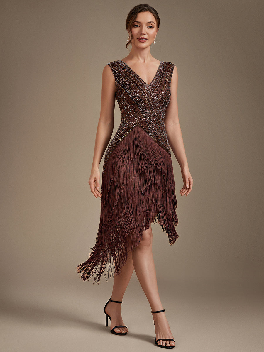 Tulle Cap Sleeve Asymmetrical Hem Cocktail Dress #color_Brown