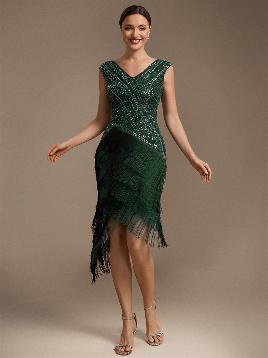 Tulle Cap Sleeve Asymmetrical Hem Cocktail Dress #color_Dark Green