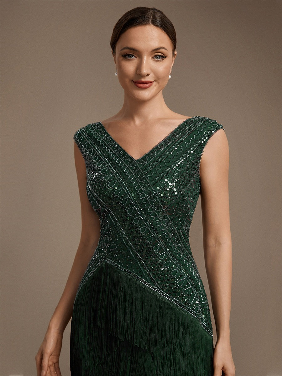 Tulle Cap Sleeve Asymmetrical Hem Cocktail Dress #color_Dark Green