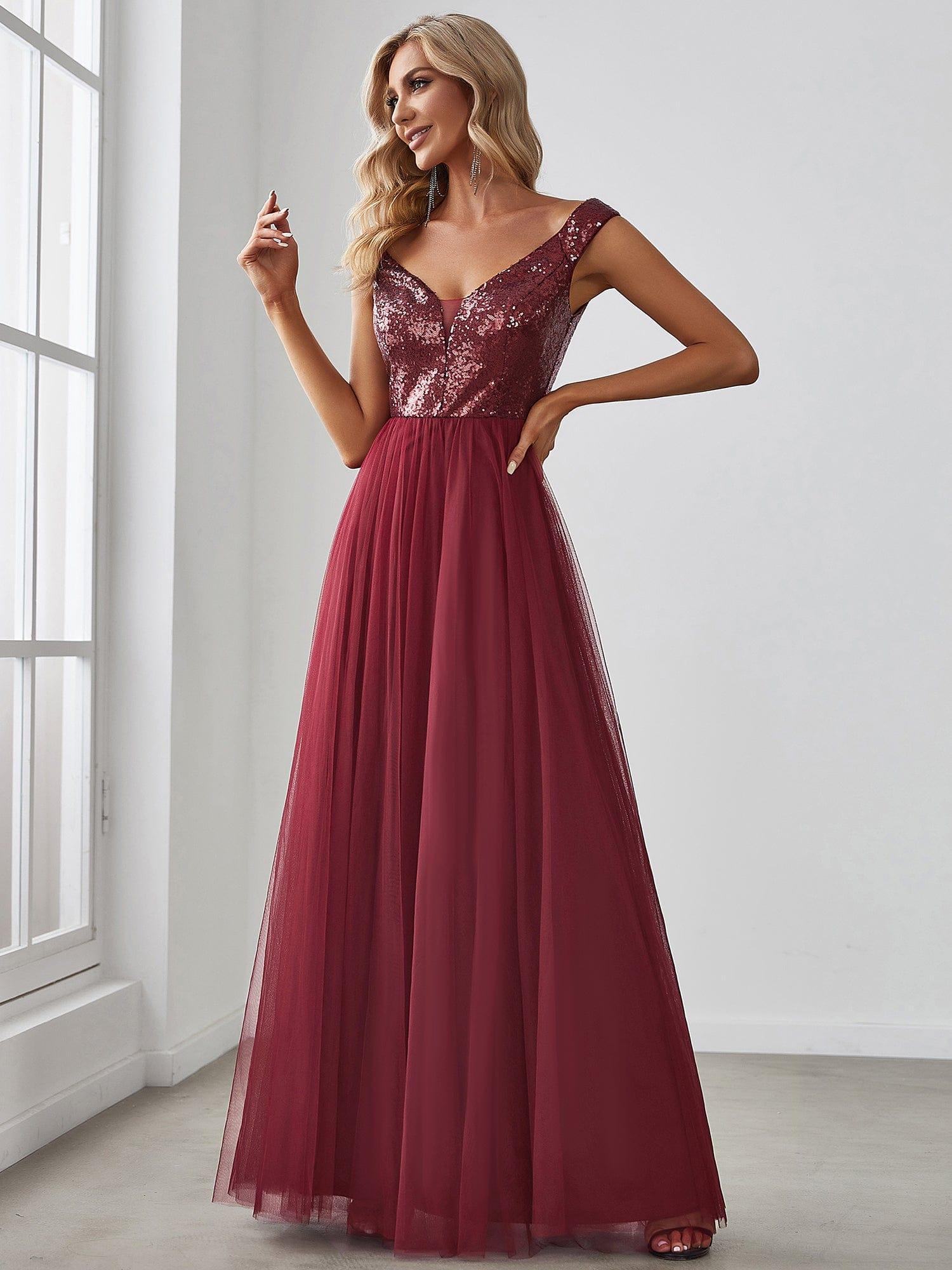 A-line Sequin Off the Shoulder Maxi Tulle Evening Dress #color_Burgundy