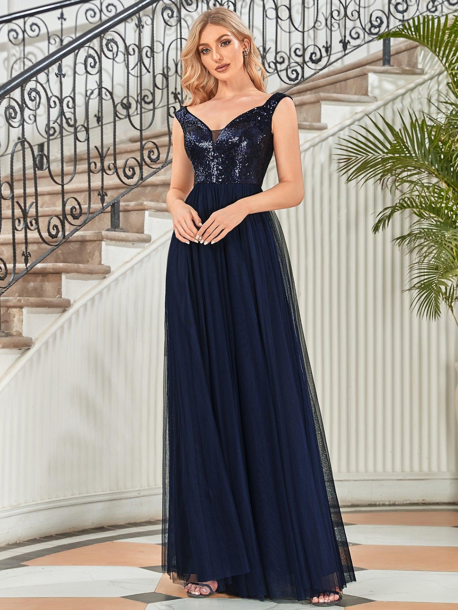 A-line Sequin Off the Shoulder Maxi Tulle Evening Dress #color_Navy Blue