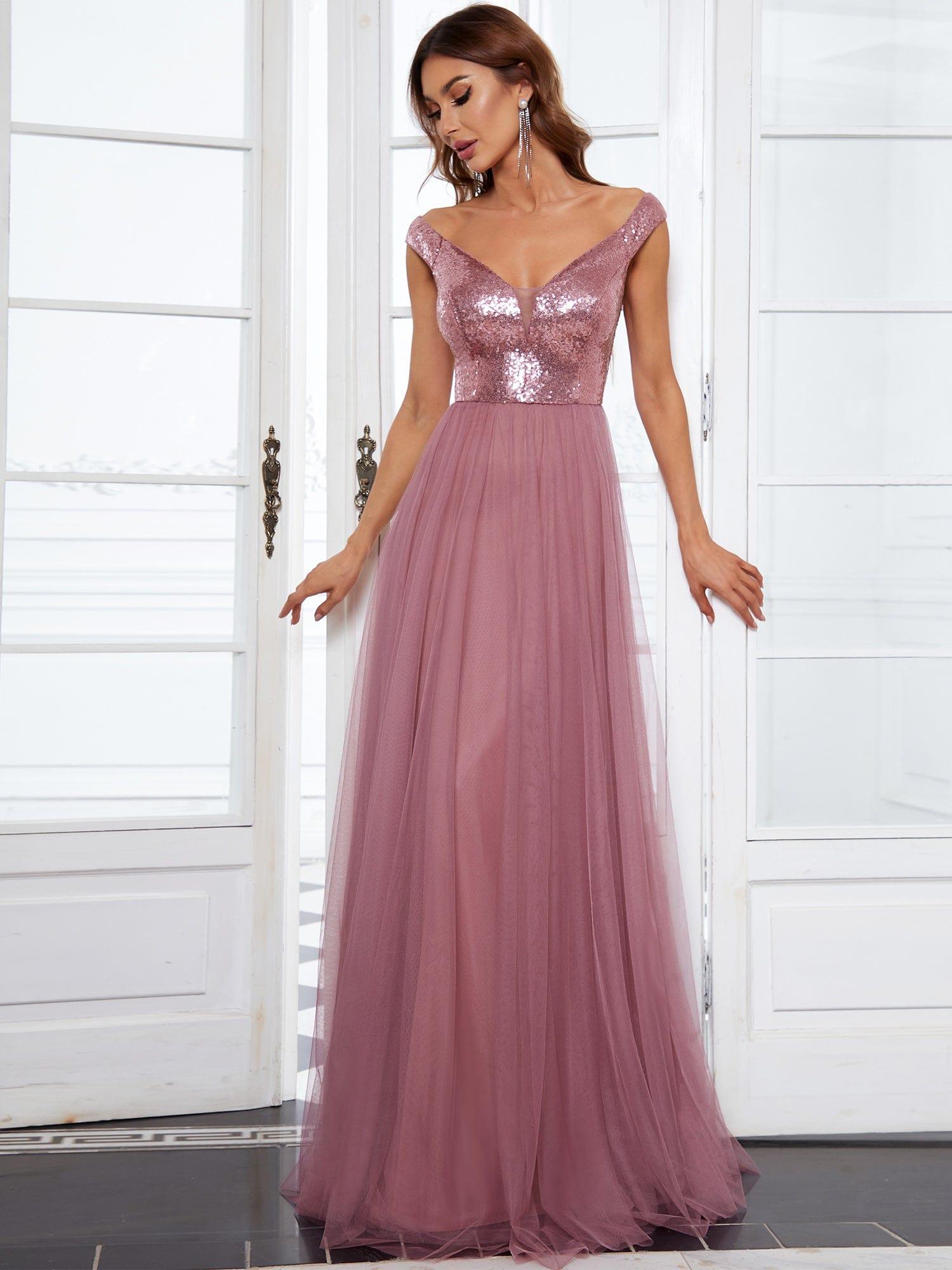 A-line Sequin Off the Shoulder Maxi Tulle Evening Dress #color_Purple Orchid