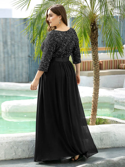 Plus Size Sequin 3/4 Sleeves Dresses #color_Black