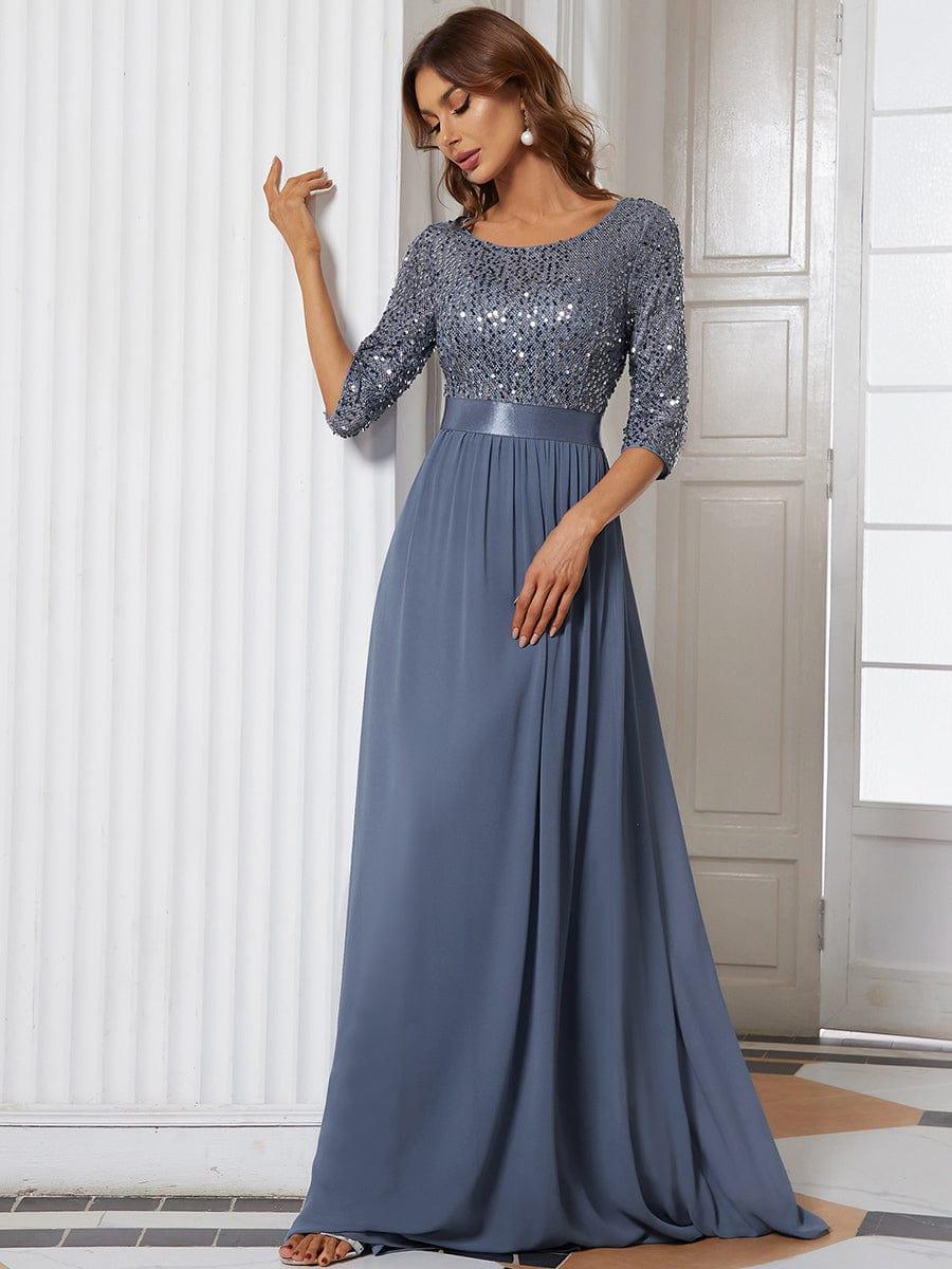 Sequin Round Neckline Dress with Chiffon #color_Dusty Blue 