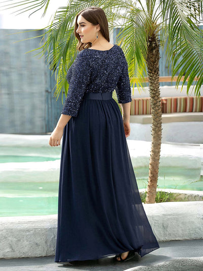Plus Size Sequin 3/4 Sleeves Dresses #color_Navy Blue