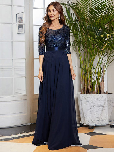 Sequin Round Neckline Dress with Chiffon #color_Navy Blue