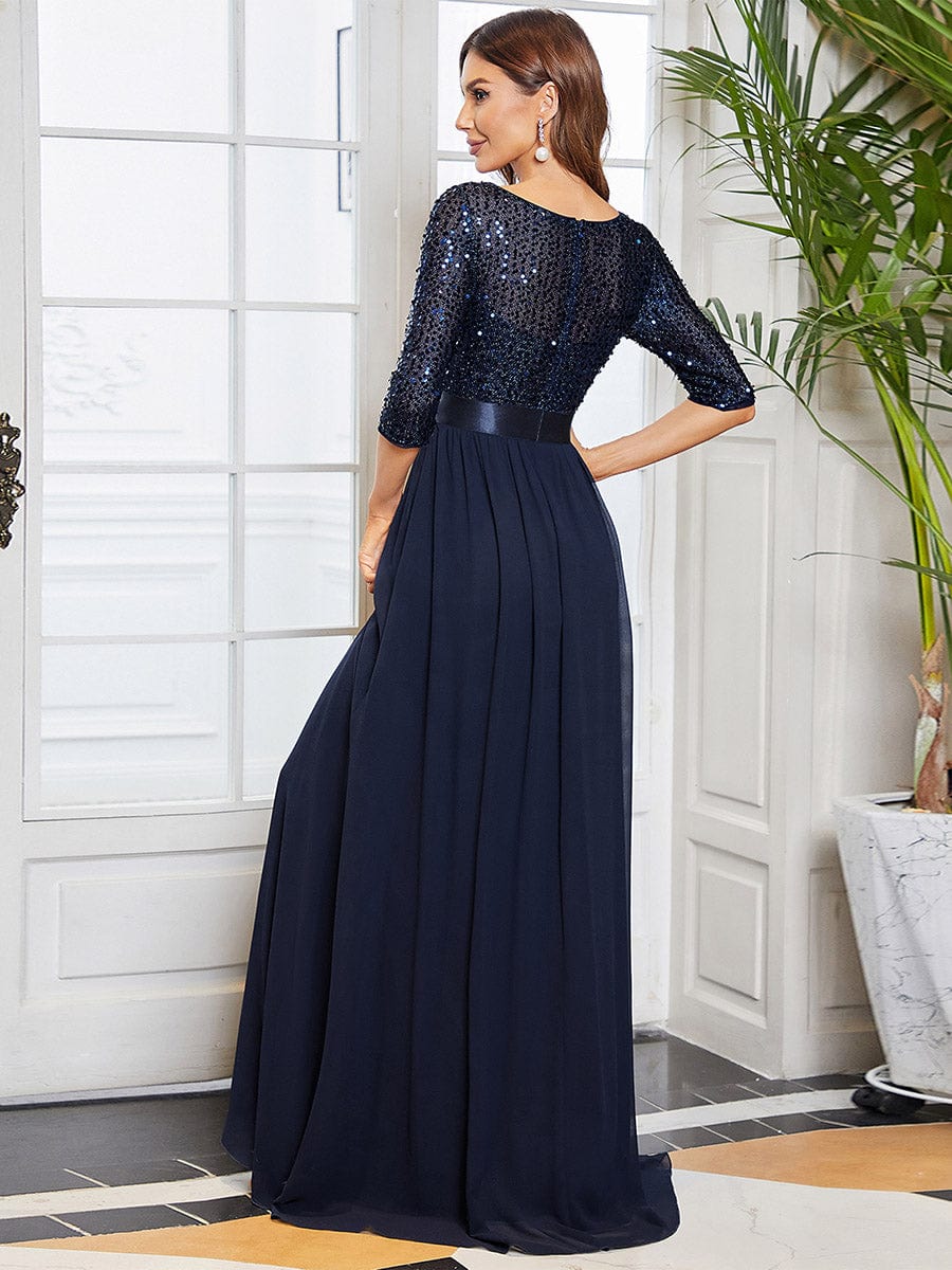 Sequin Round Neckline Dress with Chiffon #color_Navy Blue