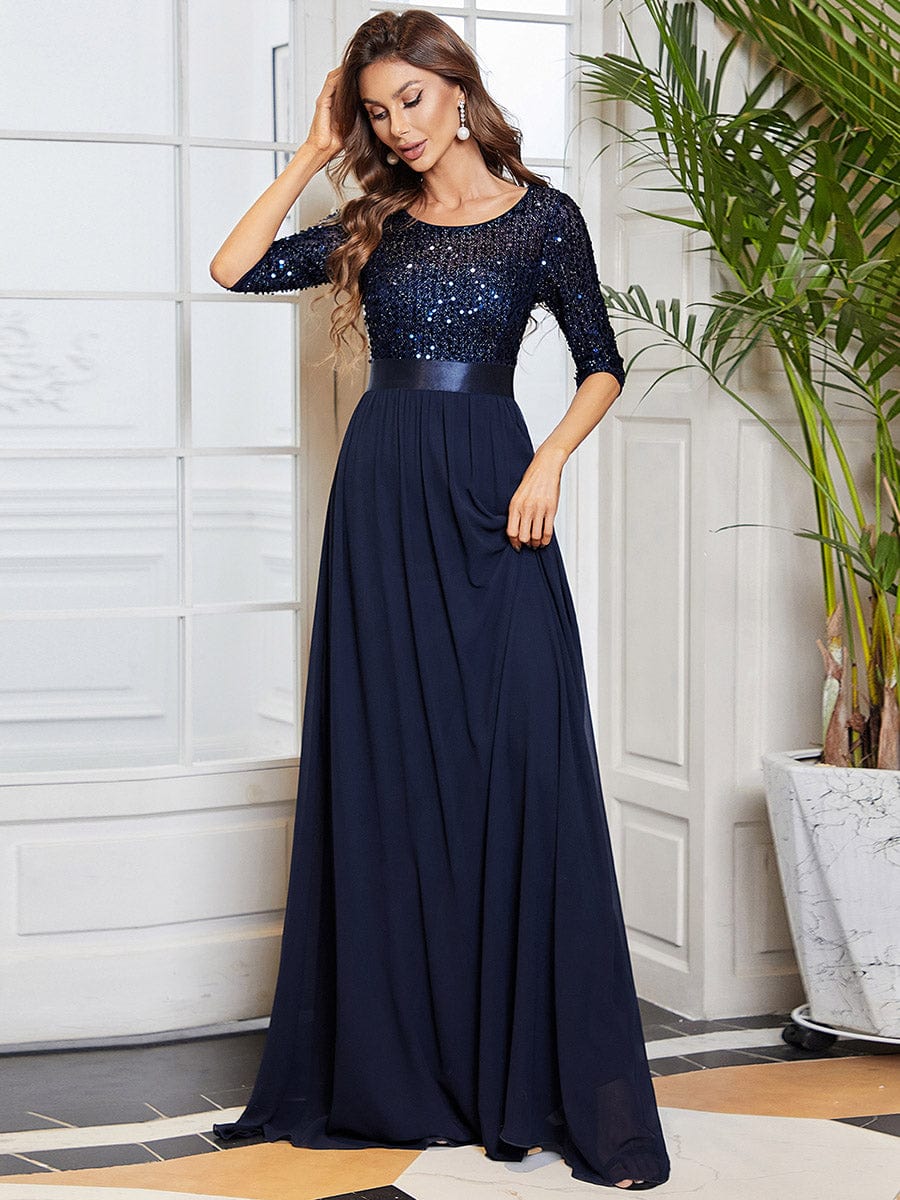Sequin Round Neckline Dress with Chiffon #color_Navy Blue