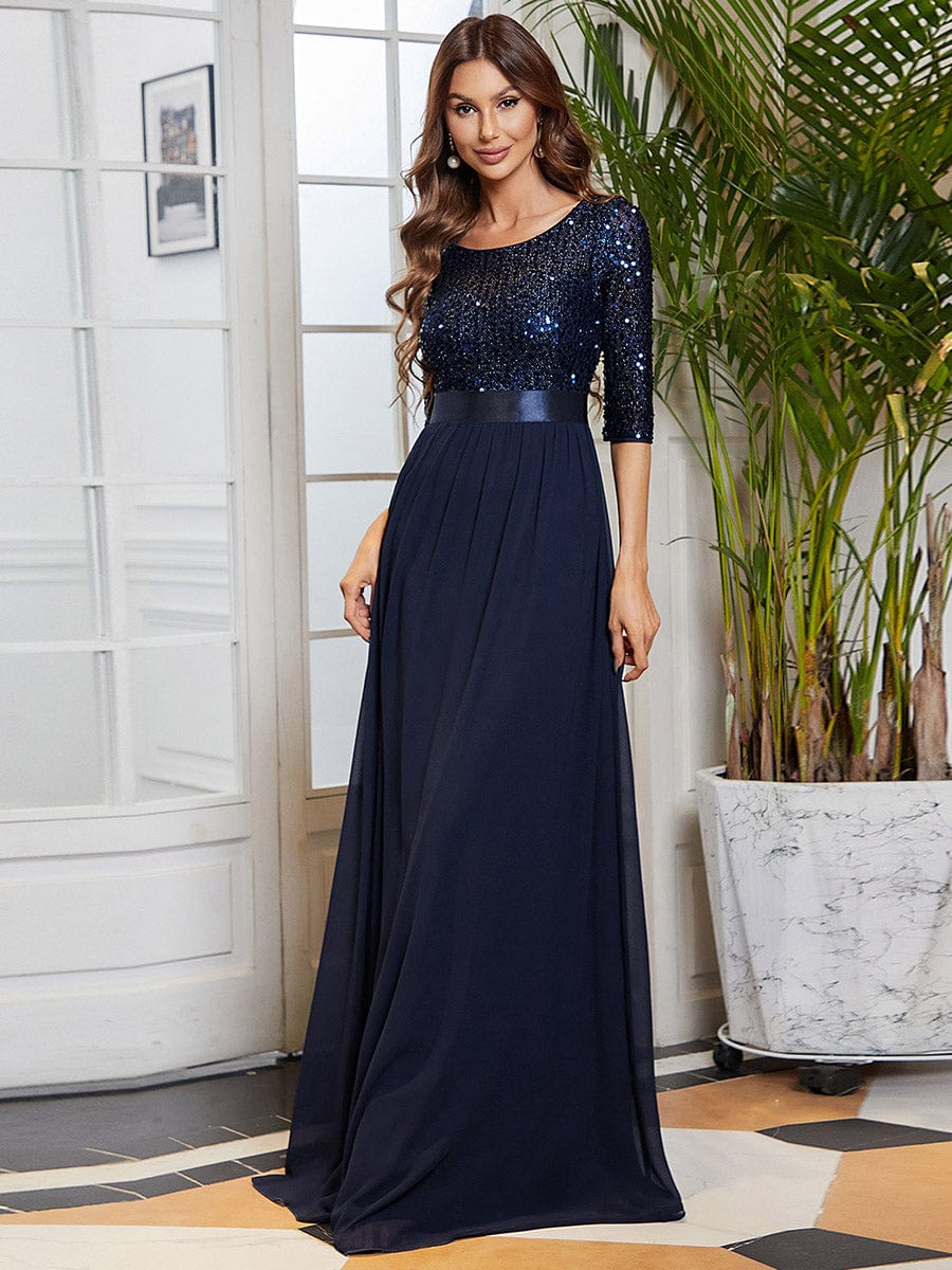 Sequin Round Neckline Dress with Chiffon #color_Navy Blue
